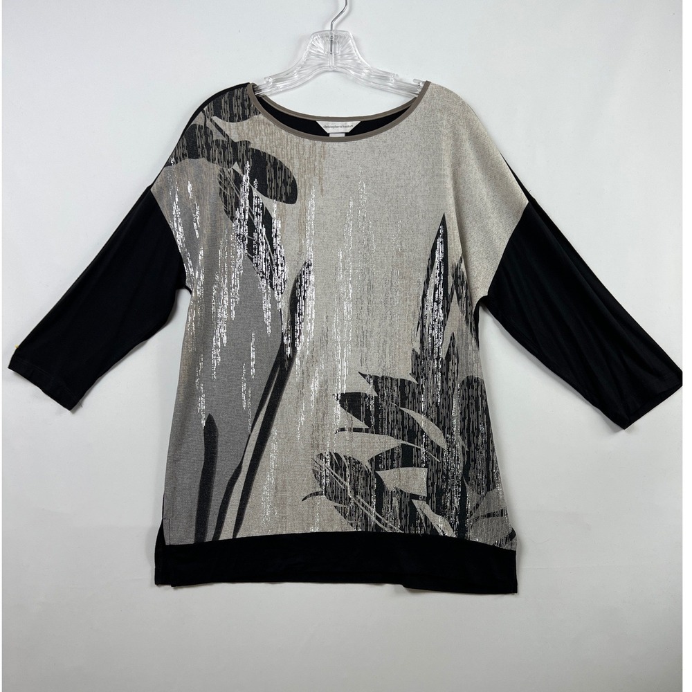 Christopher & Banks Top Womens S Black Gray Silver Leaf Print Metallic 3/4 Slv